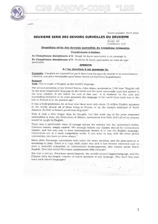 Première page de Anglais Tle B — 2e devoir surveillé (2019-2020) · CEG ADJOVICODJI 'LES OLIVIERS'