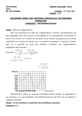 Première page de Mathématiques 2nde D — 2e devoir surveillé, 1er semestre (2020-2021) · CEG PAHOU
