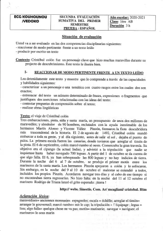 Première page de Espagnol 1ère A1, 1ère A2, 1ère B — 2020-2021 · CEG Kouhounou-Vêdoko