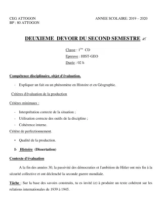 Première page de Histoire-Géographie 1ère D — 2e devoir surveillé, 2e semestre (2019-2020) · CEG Attogon