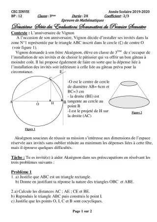 Première page de Mathématiques 3e, 3e ML — 2e évaluation sommative, 1er semestre (2019-2020) · CEG Zinvié