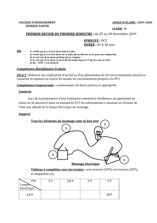 Première page de PCT 6e — Évaluation sommative, 1er semestre (2019-2020) · CEG Ganvié