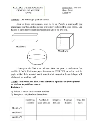 Première page de Devoir surveillé de MATHS GENE — 6e — Ceg OUESSE (2019)