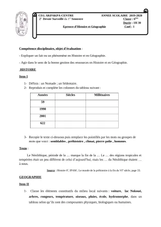 Première page de Histoire-Géographie 6e — 2e devoir surveillé, 1er semestre (2019-2020) · CEG 1 Akpakpa-Centre