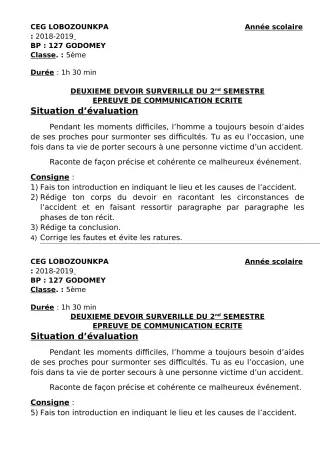 Première page de Français 5e — 2e devoir surveillé, 2e semestre (2018-2019) · CEG Lobozounkpa