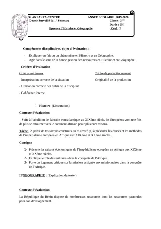 Première page de Histoire-Géographie 3e, 3e ML — 2e devoir surveillé, 1er semestre (2019-2020) · CEG 1 Akpakpa-Centre
