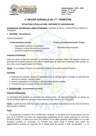 Première page de Histoire-Géographie 1ère A, 1ère B — 1er devoir surveillé, 3e trimestre (2019-2020) · CPEG LE PHARAON