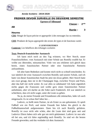 Première page de Allemand 2nde B — 1er devoir surveillé, 2e semestre (2019-2020) · CEG ADJOVICODJI 'LES OLIVIERS'
