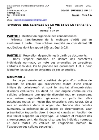 Première page de SVT Tle A2, Tle B — Devoir surveillé, 1er trimestre (2019-2020) · CPEG LICA