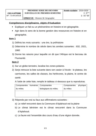 Première page de Histoire-Géographie 6e — 1er devoir surveillé, 1er semestre (2019-2020) · CEG Kaïtèmè