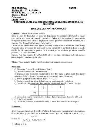 Première page de Mathématiques Tle A1, Tle A2, Tle B — 1re production scolaire, 2e semestre (2019-2020) · CEG SEGBEYA