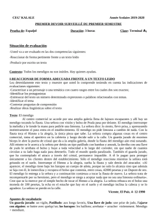 Première page de Espagnol Tle A2 — 1er devoir surveillé, 1er semestre (2019-2020) · CEG1 Kalalé