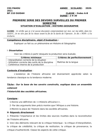 Première page de Histoire-Géographie 2nde A & B, 2nde A2, 2nde B — 1er devoir surveillé, 1er semestre (2020-2021) · CEG PAHOU
