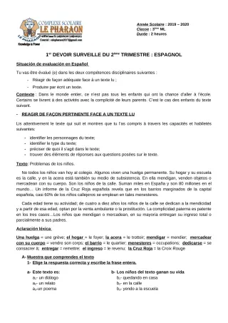 Première page de Espagnol 3e ML — 1er devoir surveillé, 2e trimestre (2019-2020) · CPEG LE PHARAON