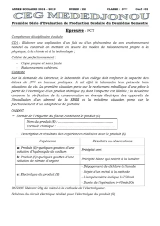 Première page de PCT 3e, 2nde D, 1ère D, Tle D — Production scolaire, 2e semestre (2018-2019) · CEG Mèdédjonou