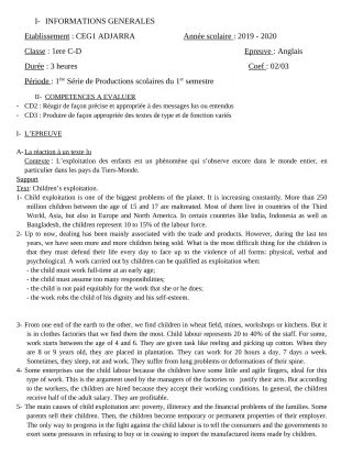 Première page de Anglais 1ère C, 1ère D — 1re production scolaire, 1er semestre (2019-2020) · CEG1 Adjarra