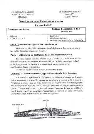Première page de SVT 4e — 1er devoir surveillé, 2e semestre (2020-2021) · CEG Kouhounou-Vêdoko