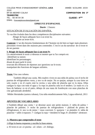 Première page de Espagnol 4e, 4e ML — Composition, 1er trimestre (2019-2020) · CPEG LICA