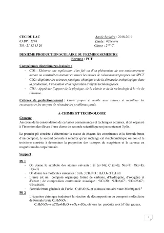Première page de PCT 2nde C — Production scolaire, 1er semestre (2018-2019) · CEG du Lac