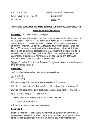 Première page de Mathématiques Tle C — 2e devoir surveillé, 1er semestre (2020-2021) · CEG LE NOKOUE