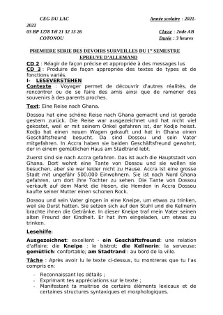 Première page de Allemand 2nde A, 2nde B — 1er devoir surveillé, 1er semestre (2021-2022) · CEG du Lac