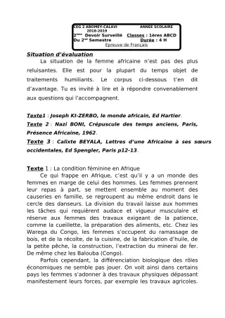 Première page de Français 1ère A1, 1ère A2, 1ère B, 1ère C, 1ère D — 2e devoir surveillé, 2e semestre (2018-2019) · CEG2 ABOMEY - CALAVI (CEG ZOCA)
