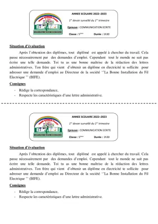 Première page de Français 5e — 1er devoir surveillé, 1er trimestre (2022-2023) · CPEG MON AVENIR PLUS