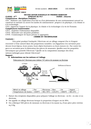 Première page de PCT 4e — 2e devoir surveillé, 1er semestre (2023-2024) · CEG SEKERE