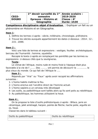 Première page de Histoire-Géographie 6e — 1er devoir surveillé (2018-2019) · CEG5 DOGBO