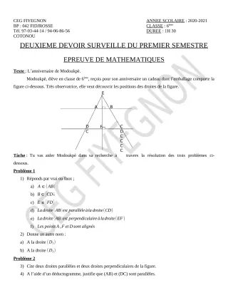 Première page de Mathématiques 6e — 2e devoir surveillé, 1er semestre (2020-2021) · CEG FIYEGNON
