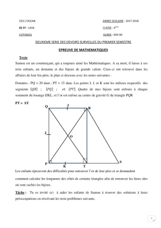 Première page de Mathématiques 4e — 2e devoir surveillé, 1er semestre (2017-2018) · CEG l'Océan