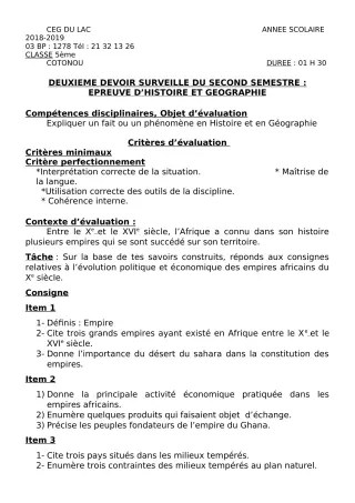 Première page de Histoire-Géographie 5e — 2e devoir surveillé, 2e semestre (2018-2019) · CEG du Lac
