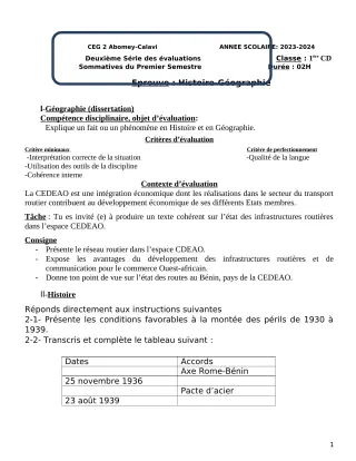 Première page de Histoire-Géographie 1ère D — 2e évaluation sommative, 1er semestre (2023-2024) · CEG2 ABOMEY - CALAVI (CEG ZOCA)