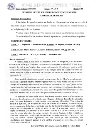 Première page de Français 2nde B — 2e devoir surveillé, 2e semestre (2019-2020) · CEG ADJOVICODJI 'LES OLIVIERS'