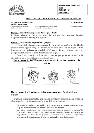 Première page de SVT 3e, 3e ML — 2e devoir surveillé, 1er trimestre (2020-2021) · CPEG PENIEL
