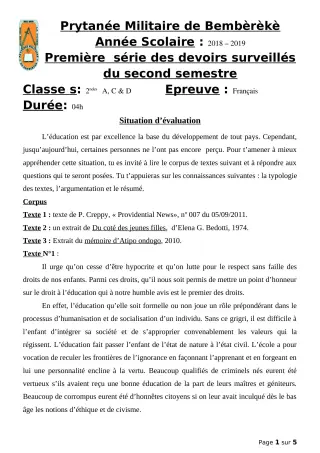 Première page de Français 2nde A, 2nde C, 2nde D — 1er devoir surveillé, 2e semestre (2018-2019) · PMB