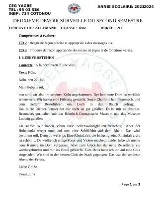 Première page de Allemand 3e — 2e devoir surveillé, 2e semestre (2023-2024) · CEG Yagbe
