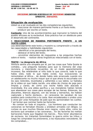 Première page de Espagnol 2nde A2, 2nde B — 2e devoir surveillé, 2e semestre (2019-2020) · CEG L'Entente