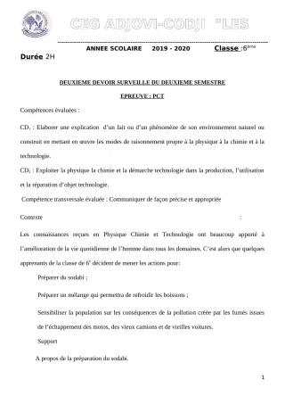 Première page de PCT 6e — 2e devoir surveillé, 2e semestre (2019-2020) · CEG ADJOVICODJI 'LES OLIVIERS'