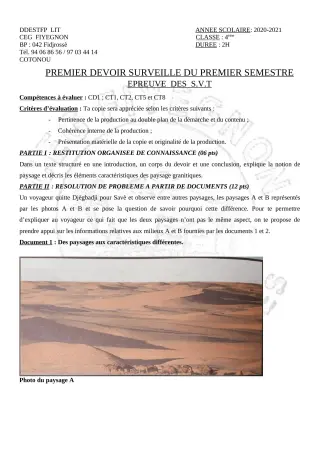 Première page de SVT 4e — 1er devoir surveillé, 1er semestre (2020-2021) · CEG FIYEGNON