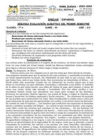 Première page de Espagnol Tle A1, Tle A2 — 2023-2024 · CEG1 Ikpinlè