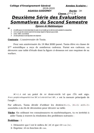 Première page de Mathématiques 4e, 4e ML, 3e, 3e ML, Tle A1, Tle A2, Tle B — 2e évaluation sommative, 2e semestre (2019-2020) · CEG Agassa Godomey