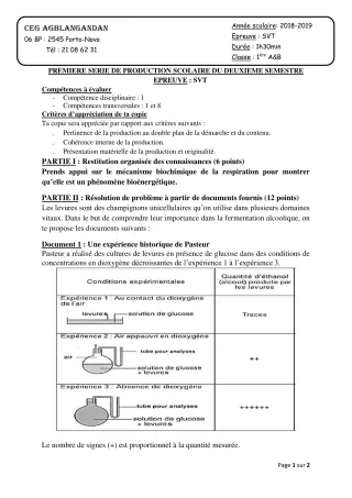 Première page de SVT 1ère A1, 1ère A2, 1ère B — 1re production scolaire, 2e semestre (2018-2019) · CEG AGBLANGANDAN