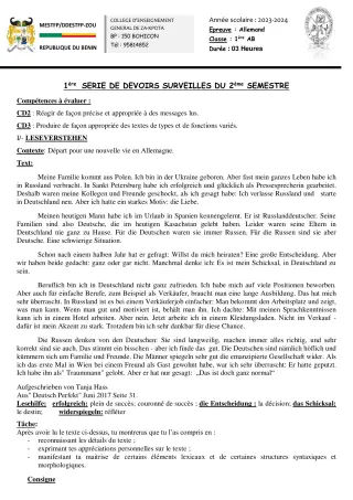 Première page de Allemand 1ère A, 1ère A1, 1ère A2, 1ère B — 1er devoir surveillé, 2e semestre (2023-2024) · CEG ZA-KPOTA