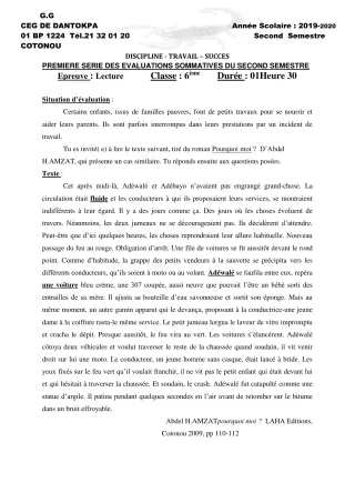 Première page de Français 6e — 1re évaluation sommative, 2e semestre (2019-2020) · CEG Dantokpa