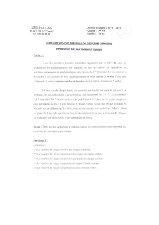 Première page de Mathématiques 1ère A2, 1ère B — 2e devoir surveillé, 2e semestre (2018-2019) · CEG du Lac