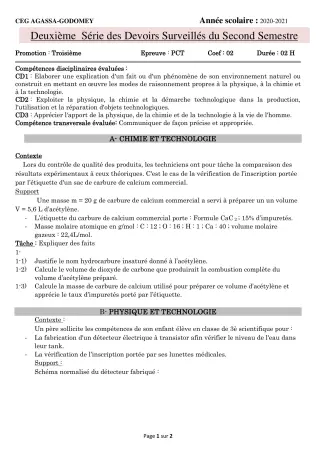 Première page de PCT 3e, 3e ML — 2e devoir surveillé, 2e semestre (2020-2021) · CEG Agassa Godomey