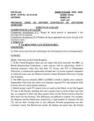 Première page de Anglais 4e, 4e ML — Devoir surveillé, 1er semestre (2019-2020) · CEG du Lac