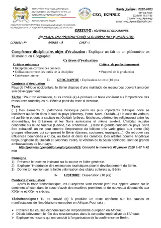 Première page de Histoire-Géographie 3e — 2e production scolaire, 1er semestre (2022-2023) · CEG1 Ikpinlè
