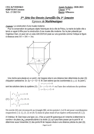 Première page de Mathématiques 1ère C — 1er devoir surveillé, 1er semestre (2020-2021) · CEG Kouhounou-Vêdoko